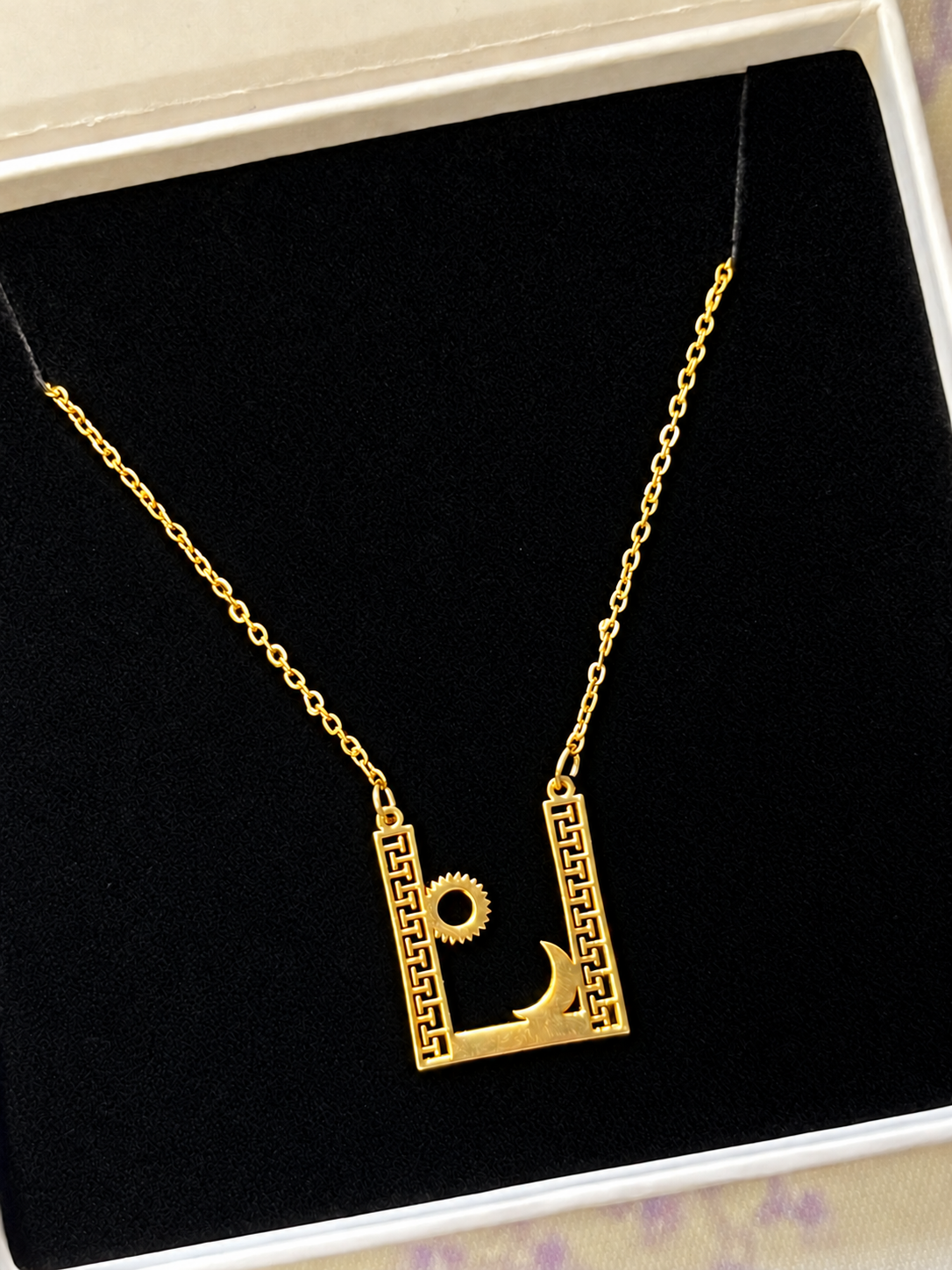 Gold Sun & Moon Greek Key Geometric Pendant Necklace