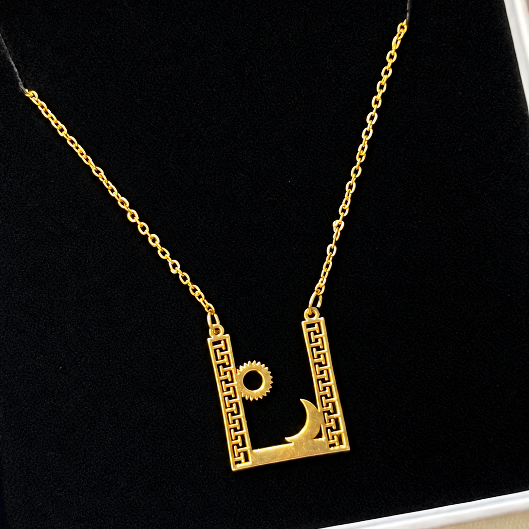 Gold Sun & Moon Greek Key Geometric Pendant Necklace