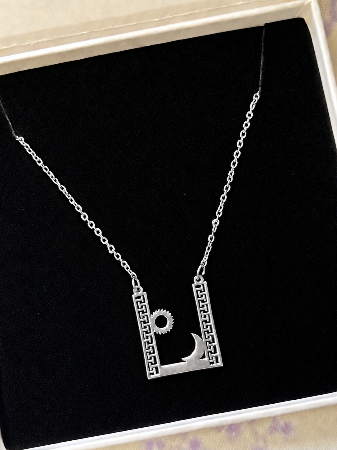 Silver Sun & Moon Greek Key Geometric Pendant Necklace