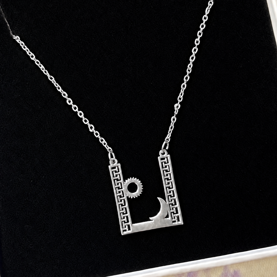 Silver Sun & Moon Greek Key Geometric Pendant Necklace