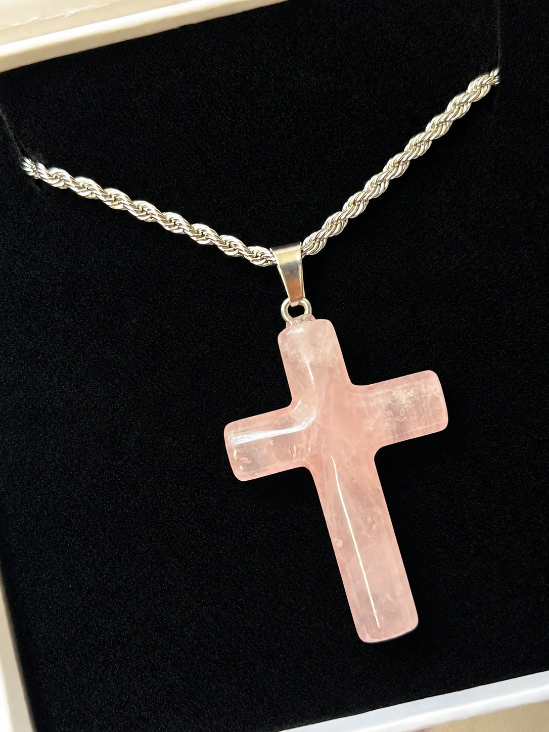 Silver Pink Crystal Cross Pendant Necklace
