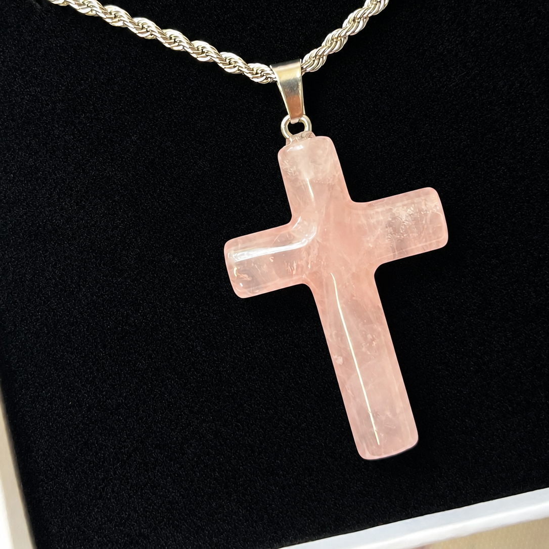 Silver Pink Crystal Cross Pendant Necklace