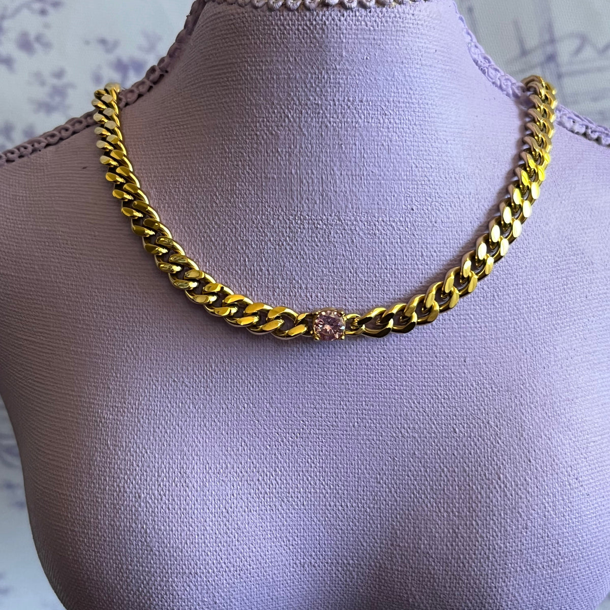 Pink Gem Cuban Link Necklace
