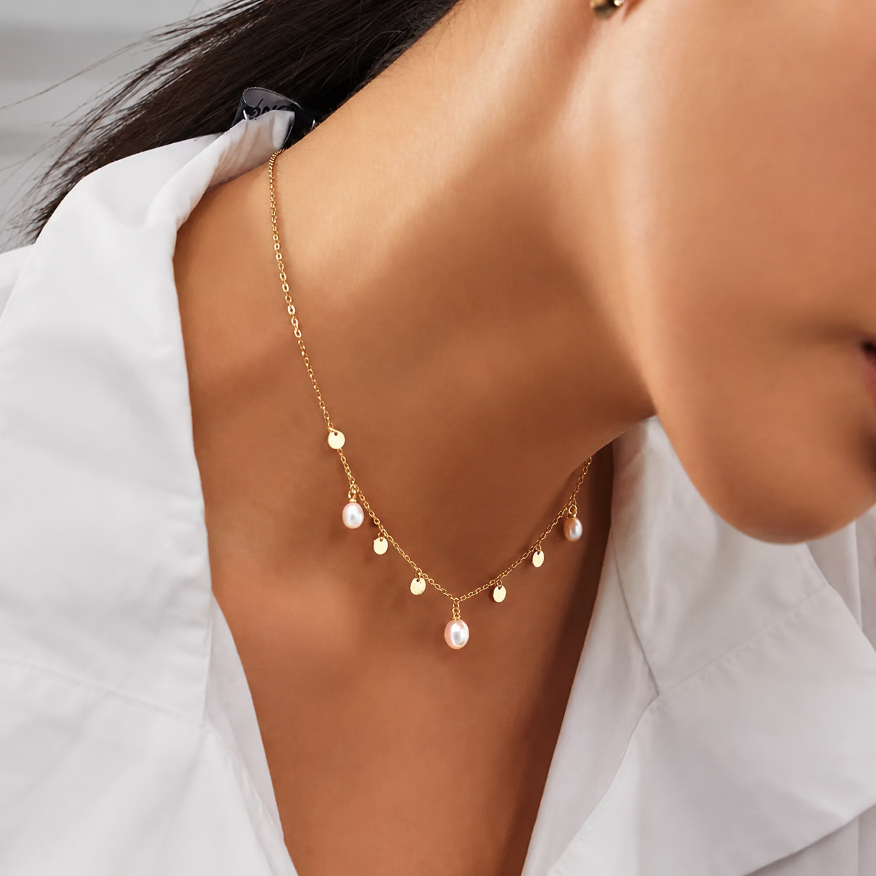 Gold Freshwater Pearl and Disc Charm Necklace