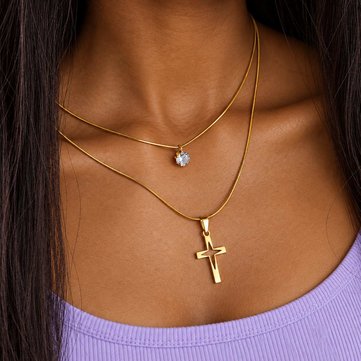 Gold Layered Cross & Solitaire Necklace