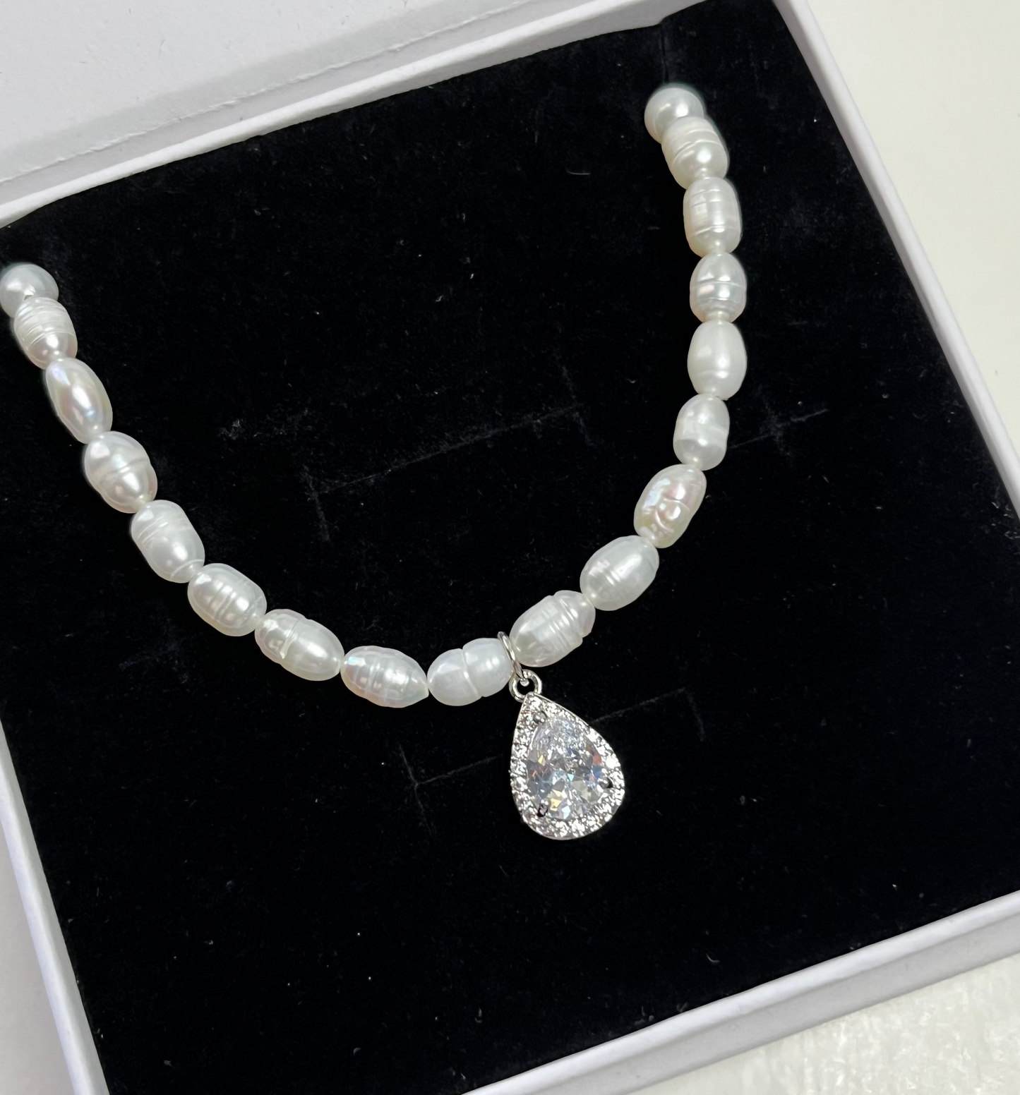 Freshwater Pearl Necklace with Pear-Cut Zircon Pendant