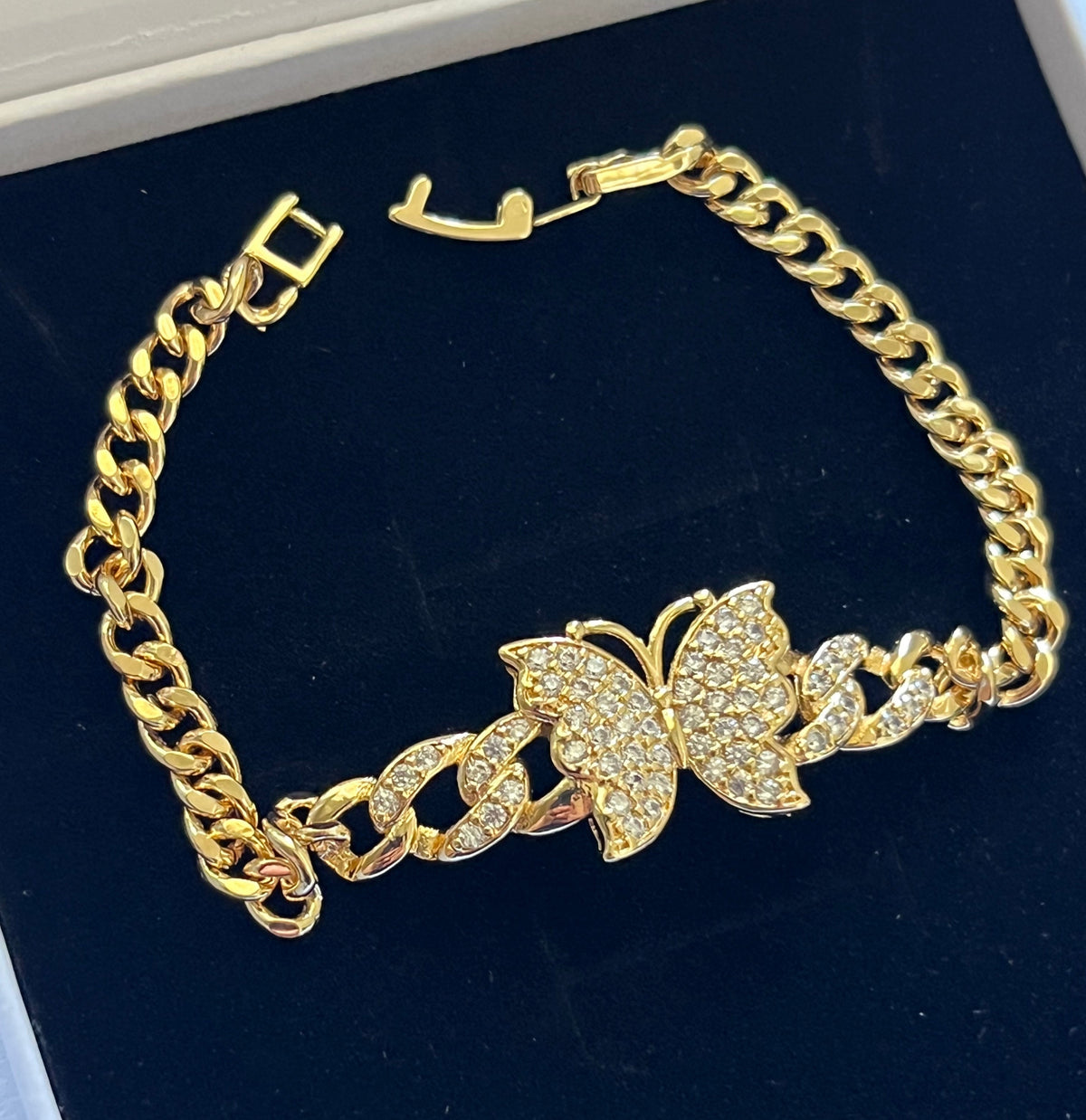 Gold Butterfly Zircon Cuban Link Bracelet