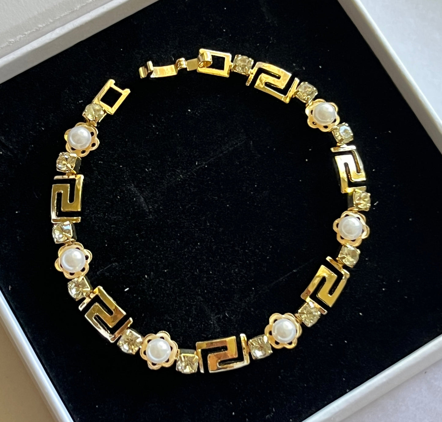 Gold Greek Links Imitation Pearl Bracelet