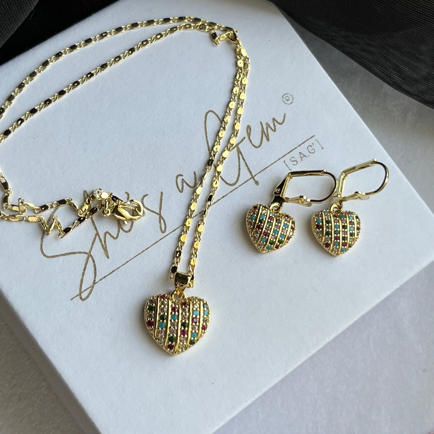 18K Gold Filled Multi-Color Heart Necklace & Earring Set