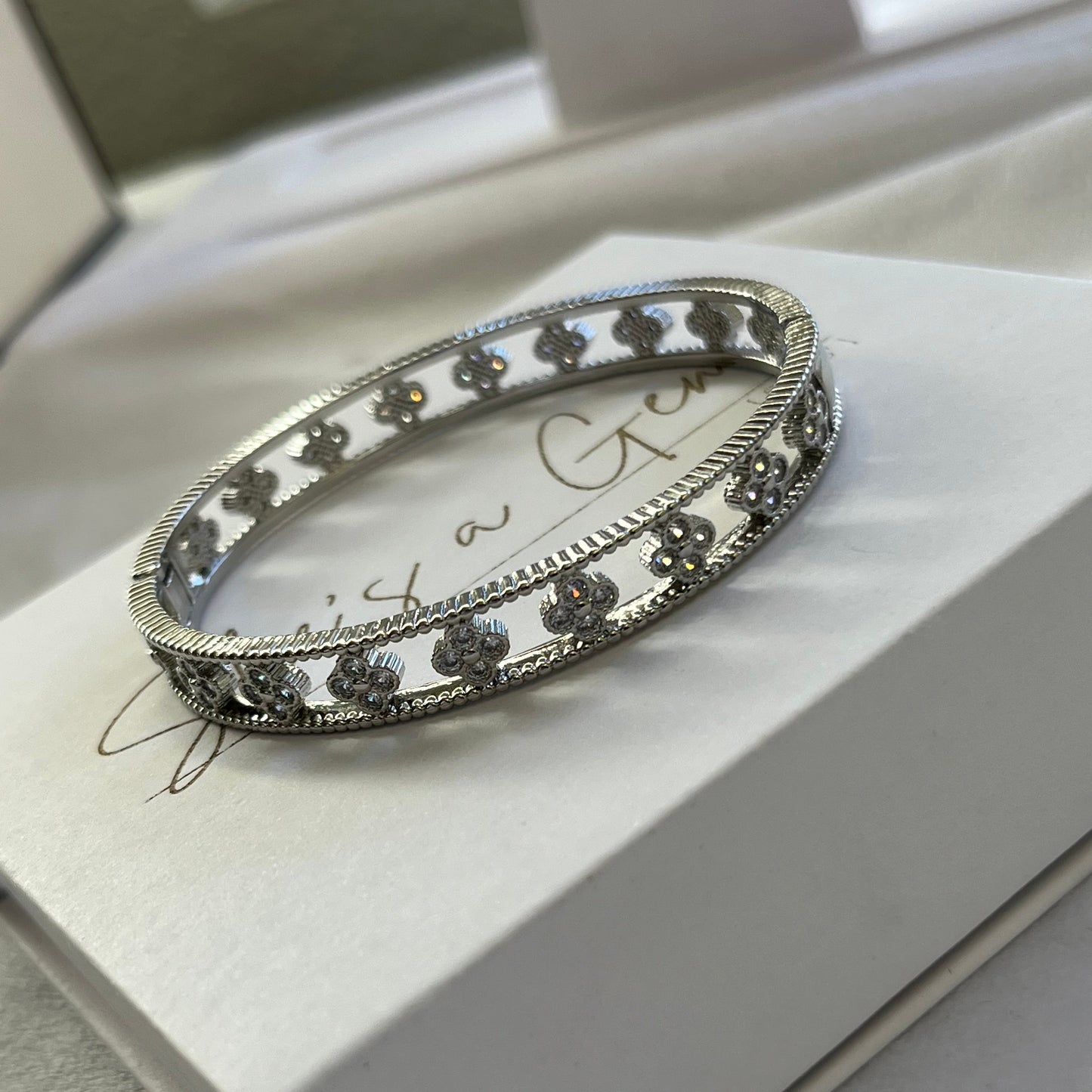 Silver Floral Blossom Zirconia Bangle Bracelet