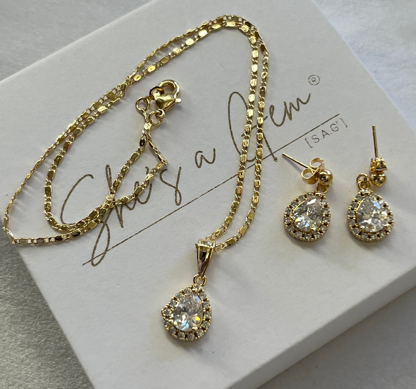18K Gold Filled Pear Zirconia Necklace & Earring Set