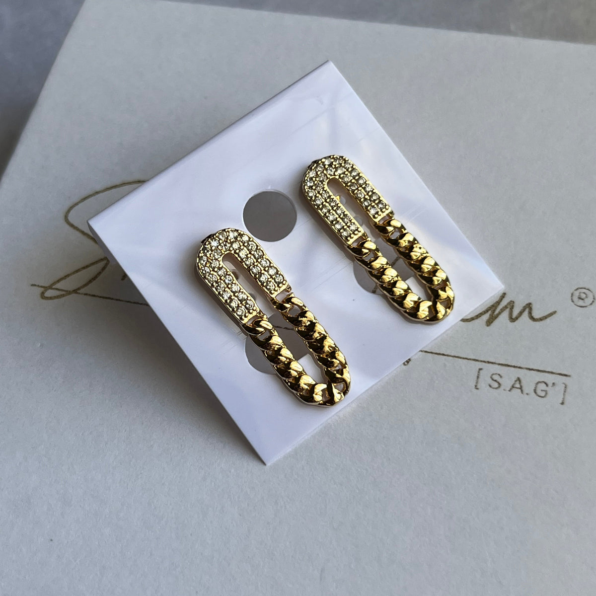 Gold Zircon Chain-Link Drop Earrings