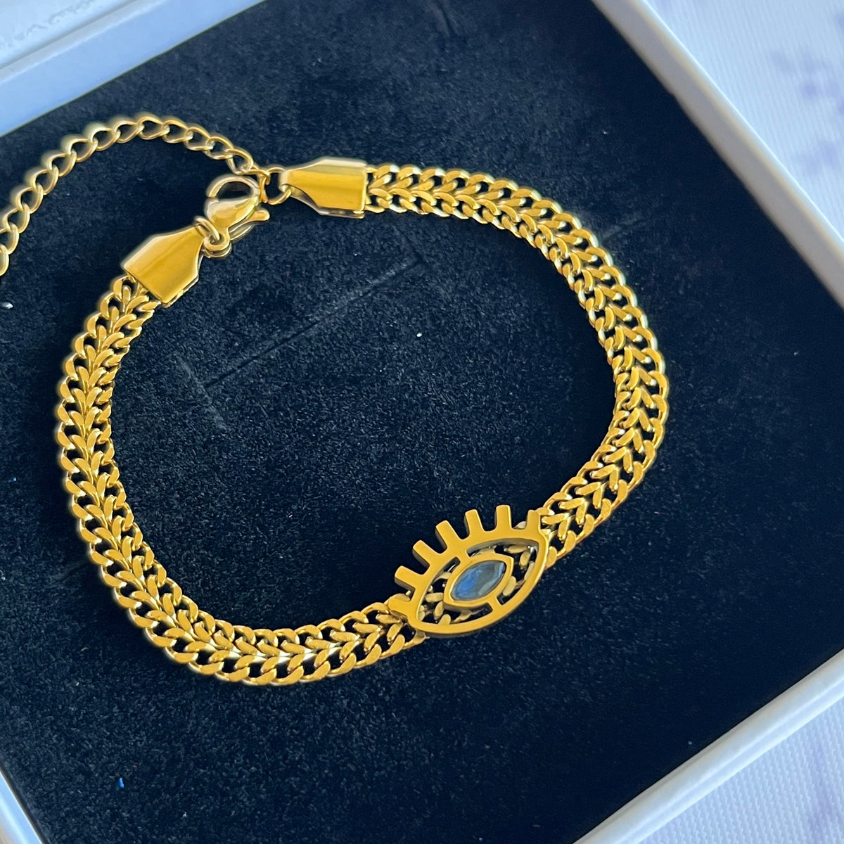 Gold Evil Eye Chain Bracelet with Teal Stone