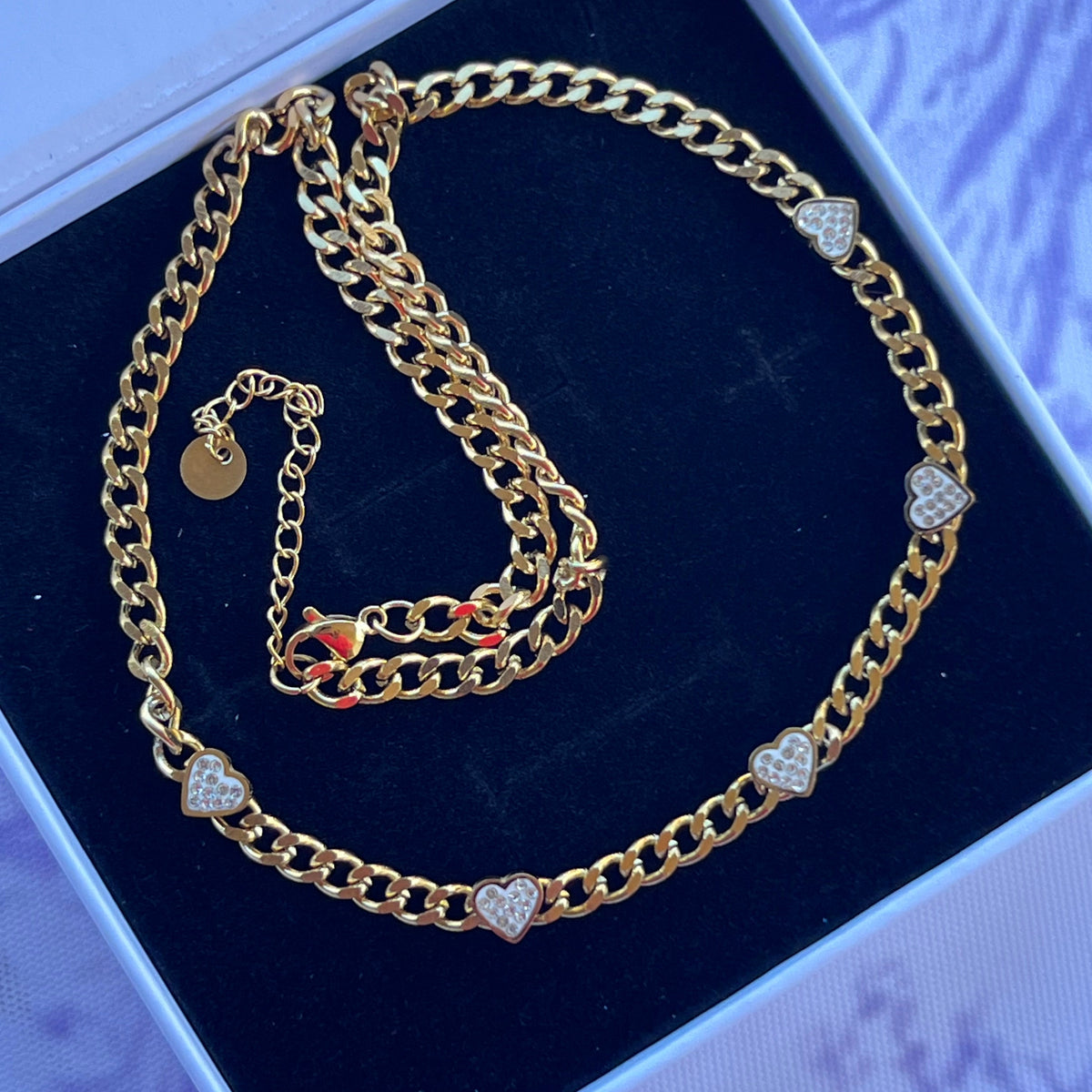 Gold Five-Heart Zircon Curb Chain Necklace