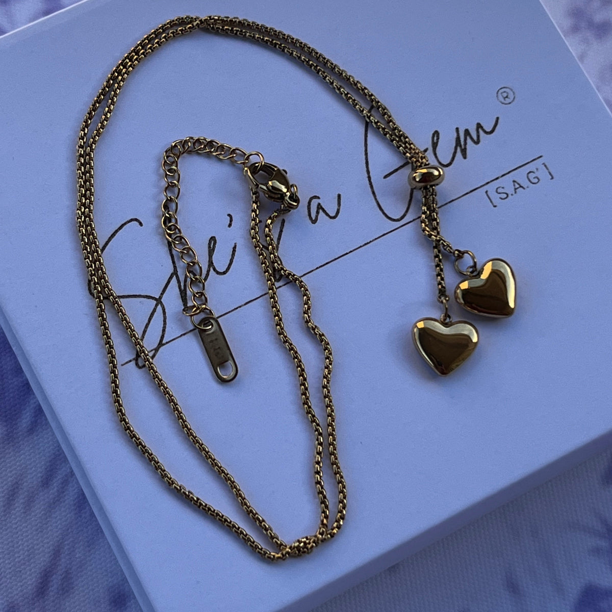 Gold Double-Heart Adjustable Lariat Necklace