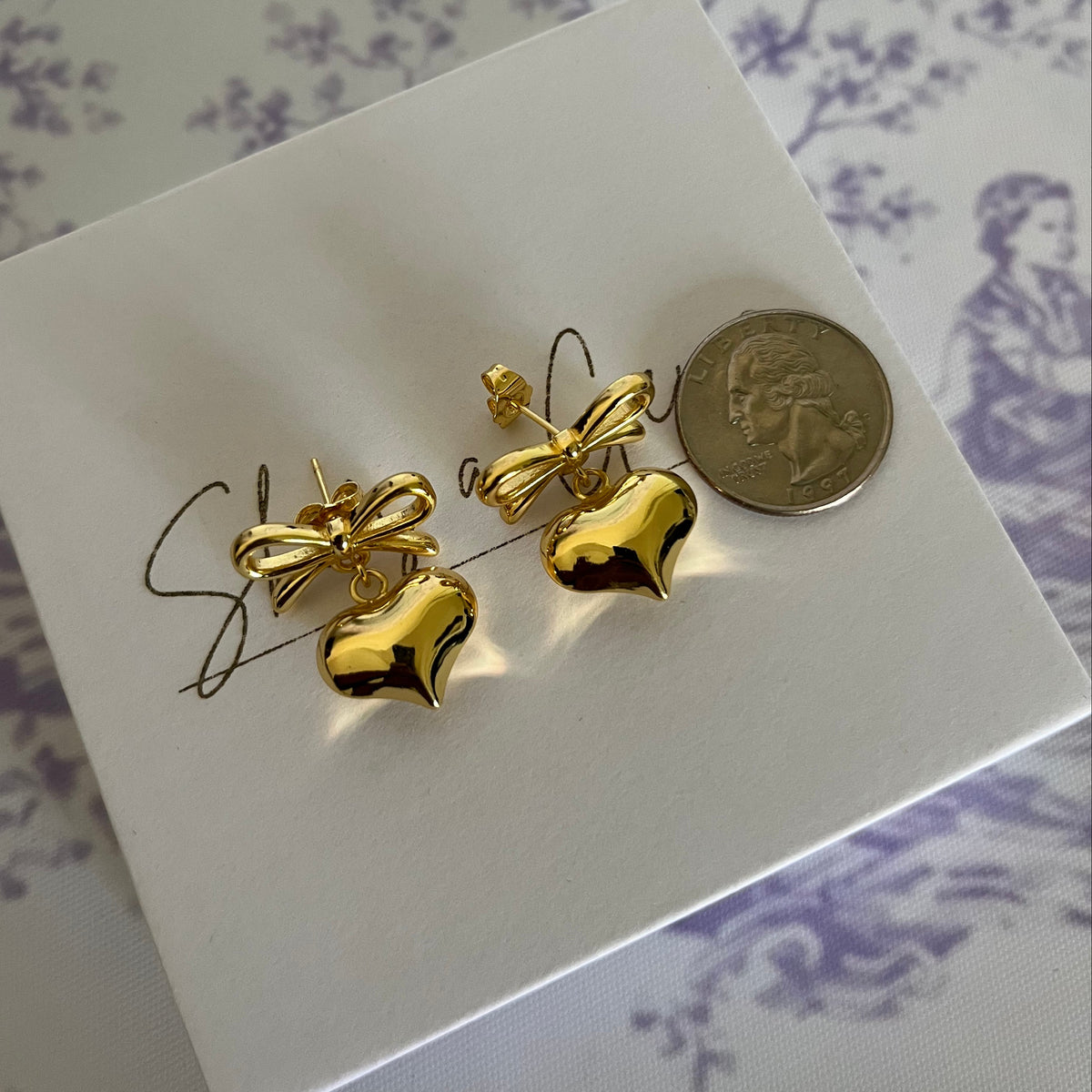 Gold Bow and Puffy Heart Drop Earrings