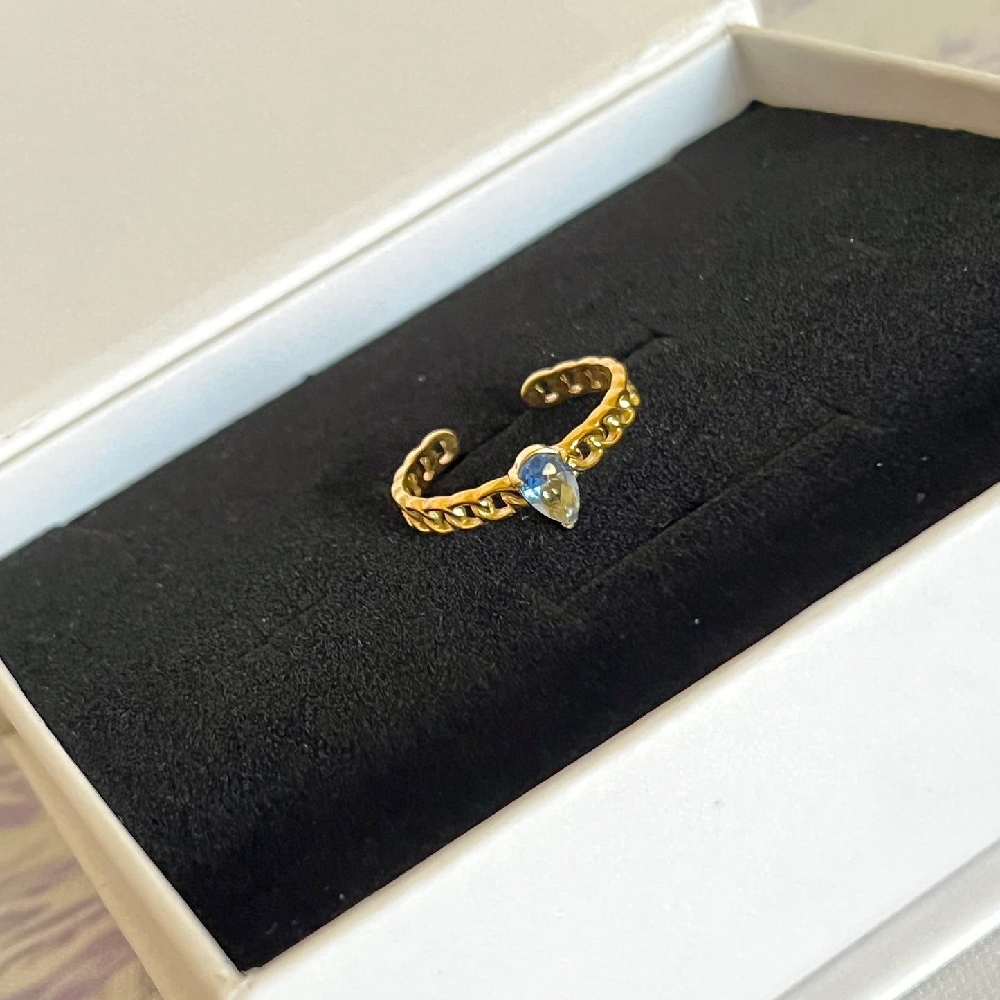 18K Gold Plated Stainless Steel Pear Cut Blue Stone Chain Band Adjustable Ring