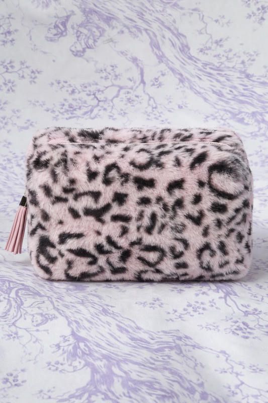 Leopard Print Cosmetic Bags- Faux Fur Makeup Pouch with Zipper & Tassel
