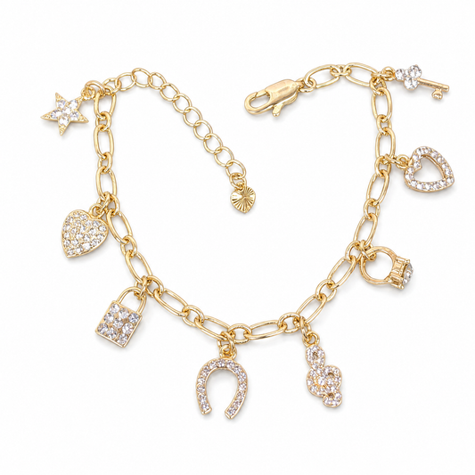 Gold Love and Luck Zircon Charm Bracelet