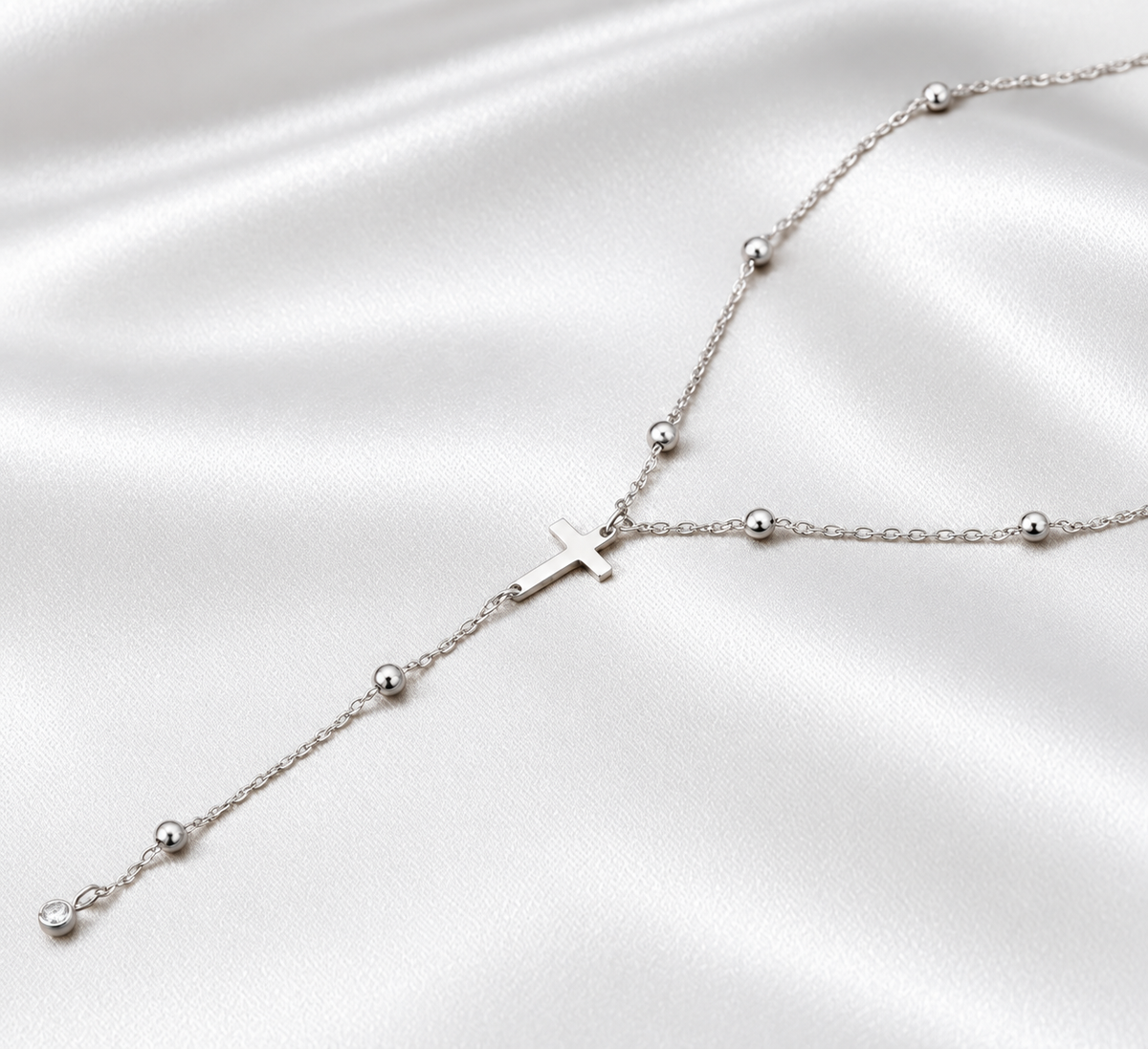 Silver Beaded Cross Y Necklace