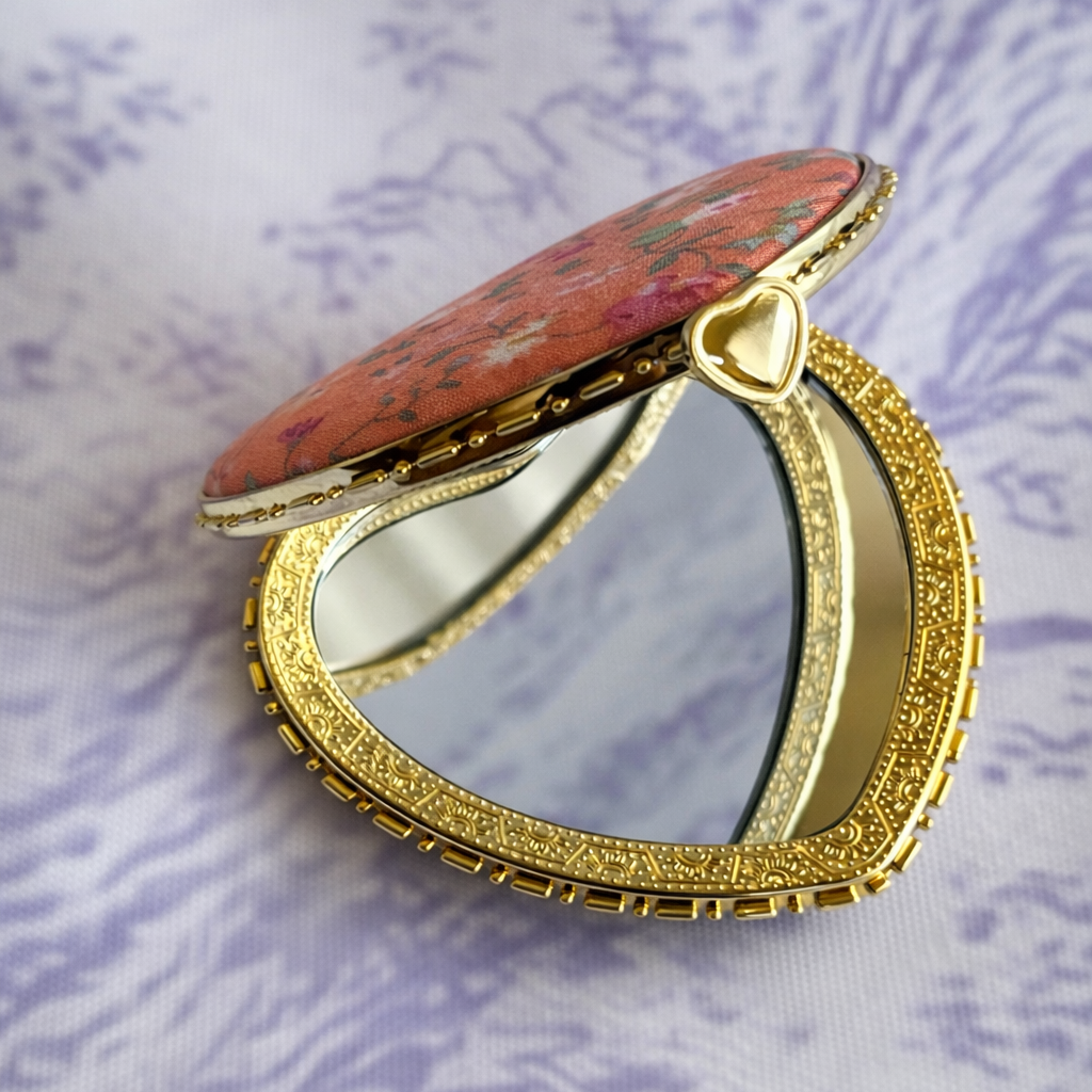 Pink Heart Shaped Floral Print Compact Mirror