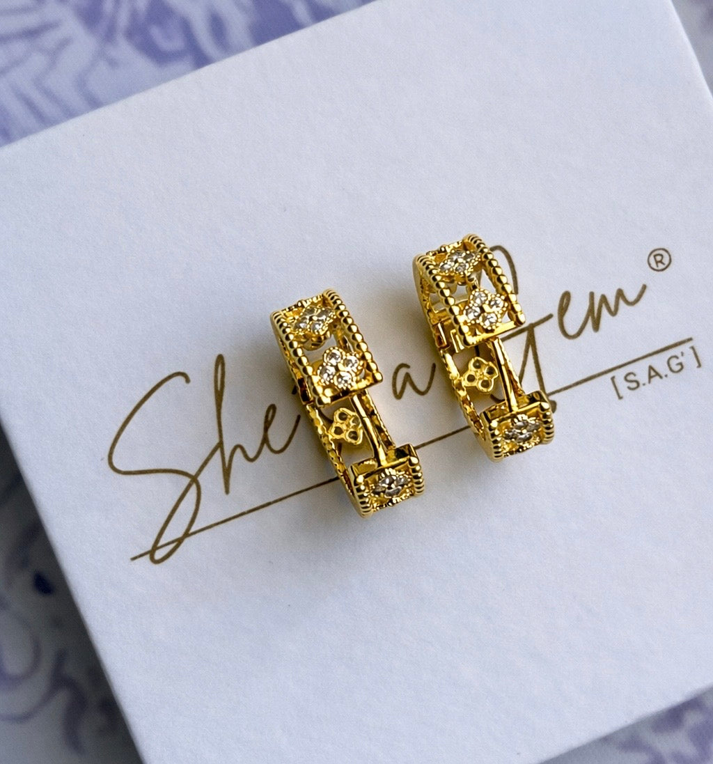 Gold Filled Lucky Clover Blossom Zirconia Earrings