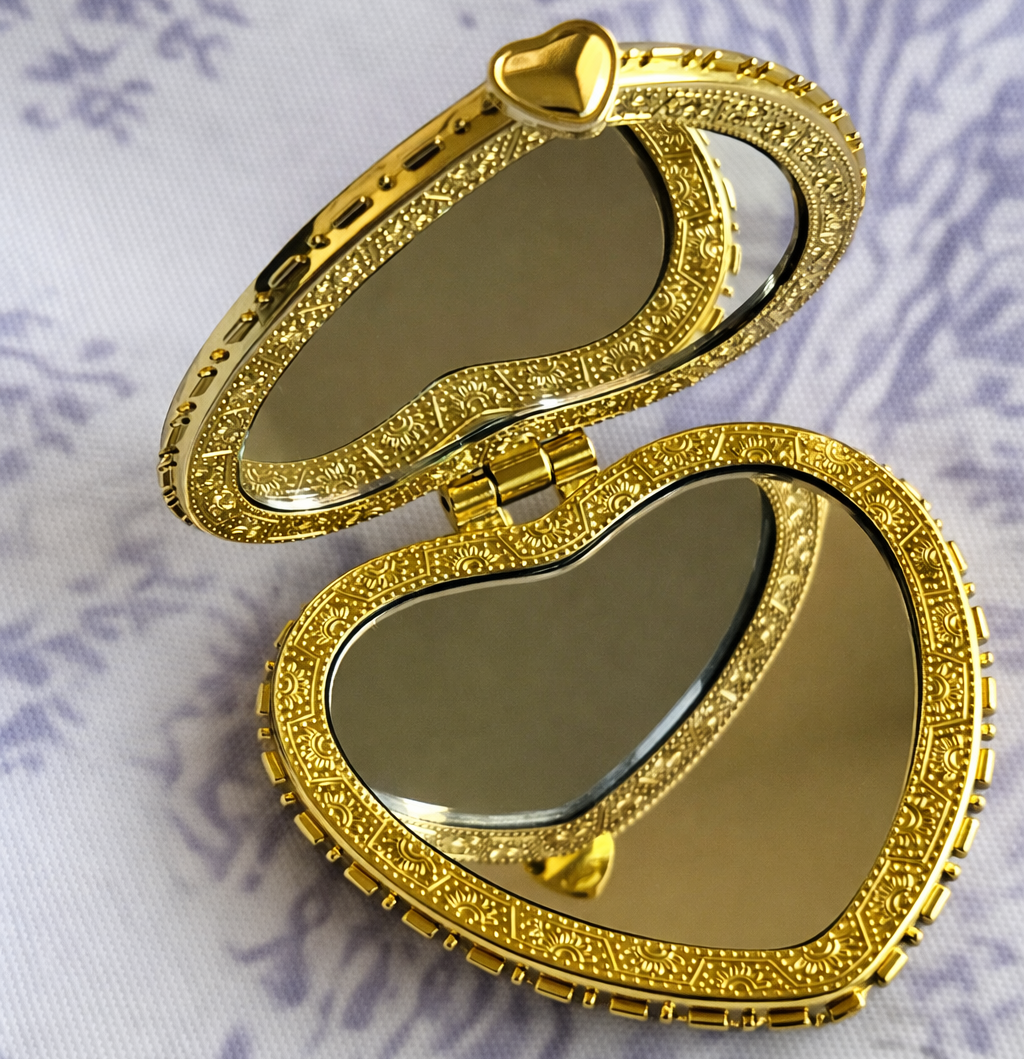 Pink Heart Shaped Floral Print Compact Mirror