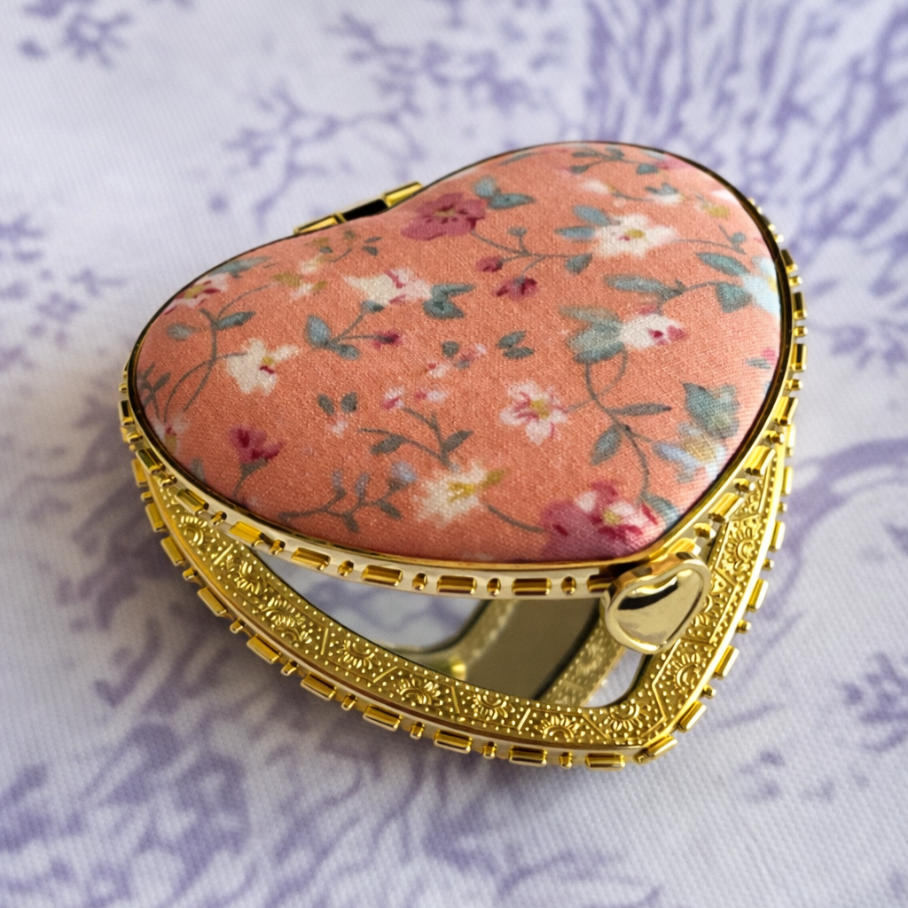 Pink Heart Shaped Floral Print Compact Mirror