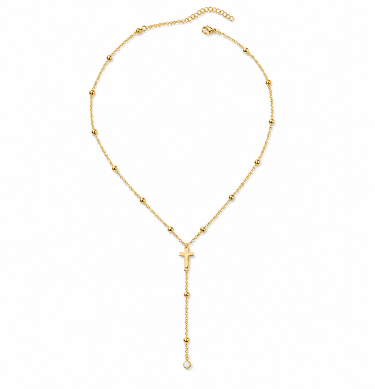 Gold Beaded Cross Y Necklace