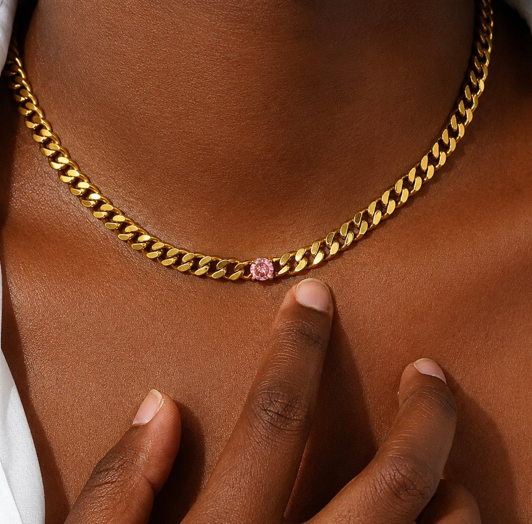 Pink Gem Cuban Link Necklace