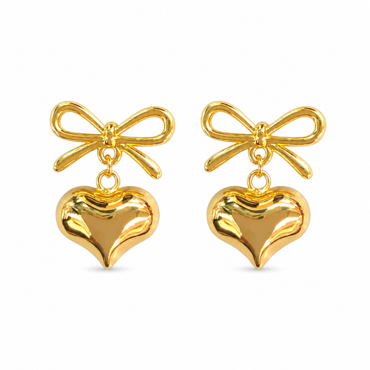 Gold Bow and Puffy Heart Drop Earrings