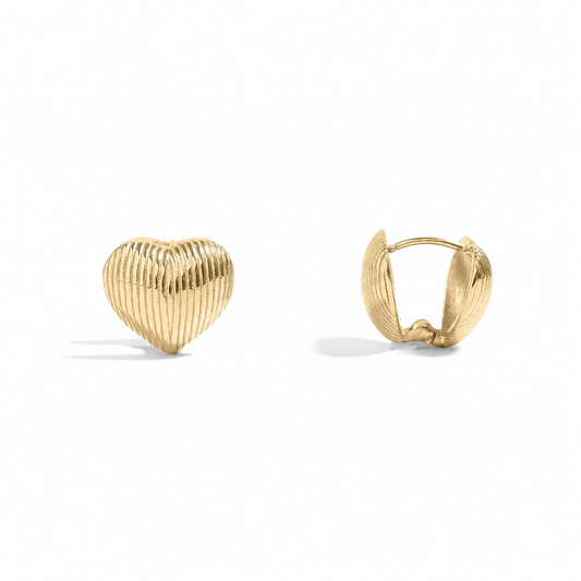 Gold Ribbed Puffy Heart Huggie Earrings