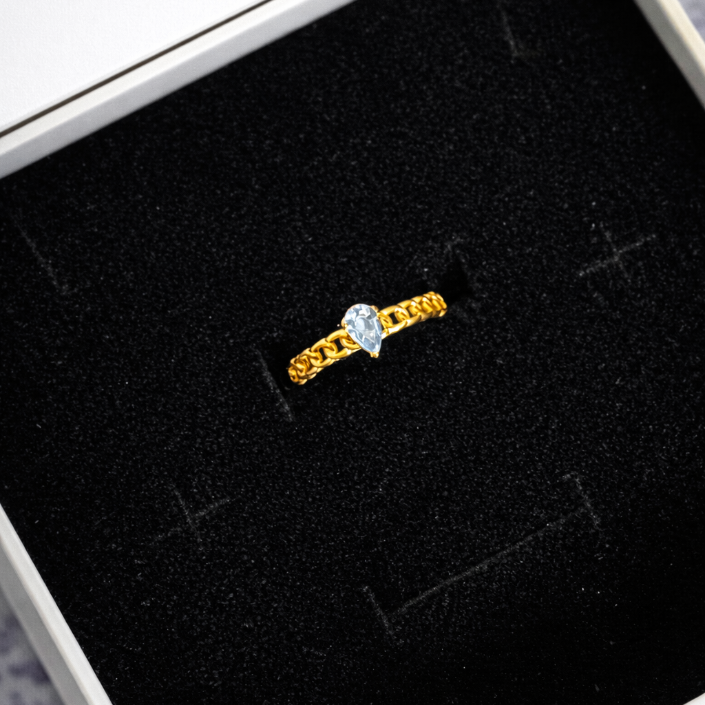 18K Gold Plated Stainless Steel Pear Cut Blue Stone Chain Band Adjustable Ring