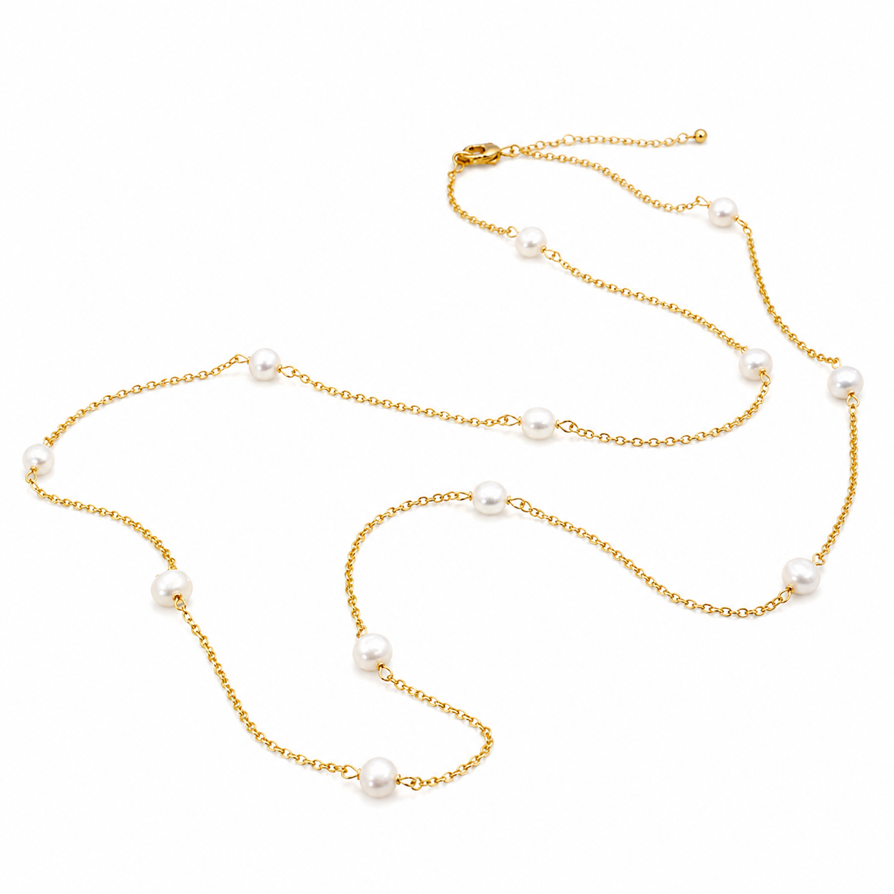 Long Gold Pearl Station Necklace