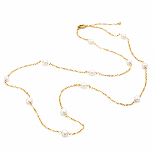 Long Gold Pearl Station Necklace