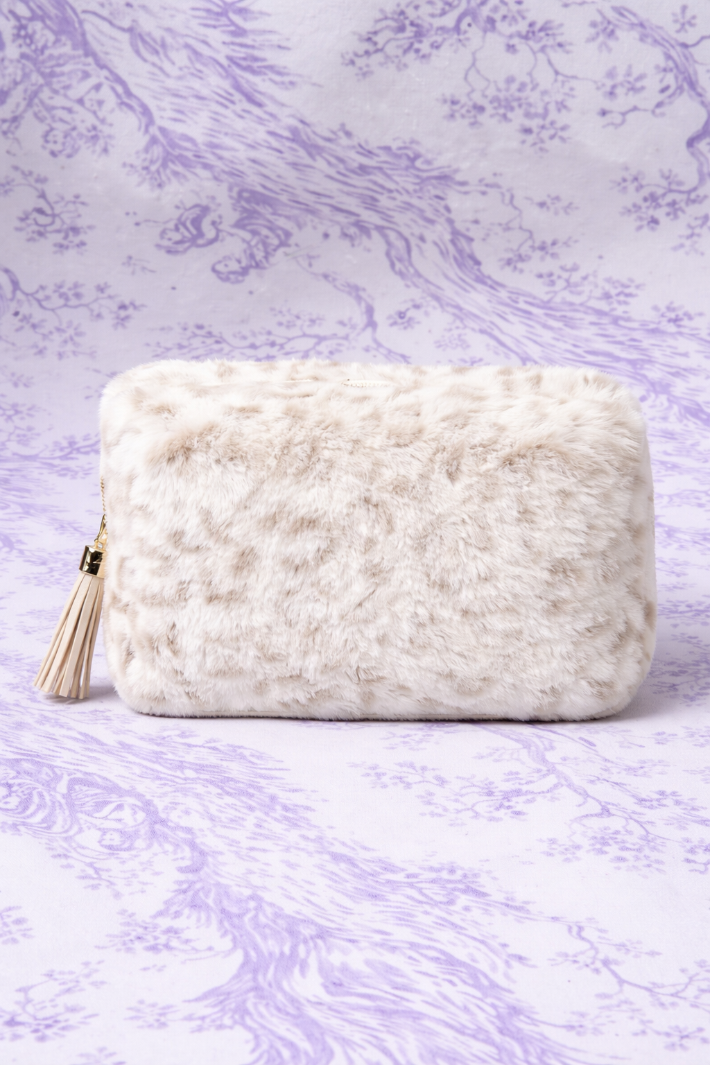 Leopard Print Cosmetic Bags- Faux Fur Makeup Pouch with Zipper & Tassel