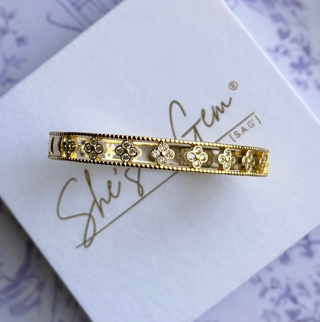 Gold Floral Blossom Zirconia Bangle Bracelet
