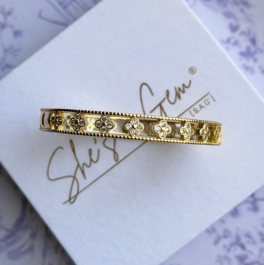 Gold Floral Blossom Zirconia Bangle Bracelet