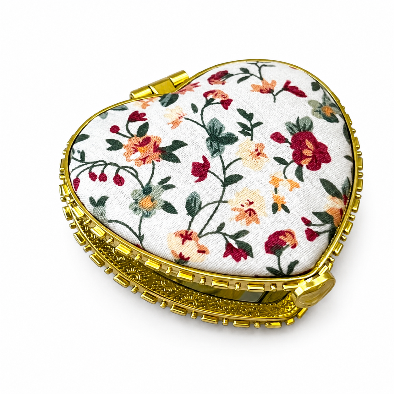 White Heart Shaped Floral Print Compact Mirror