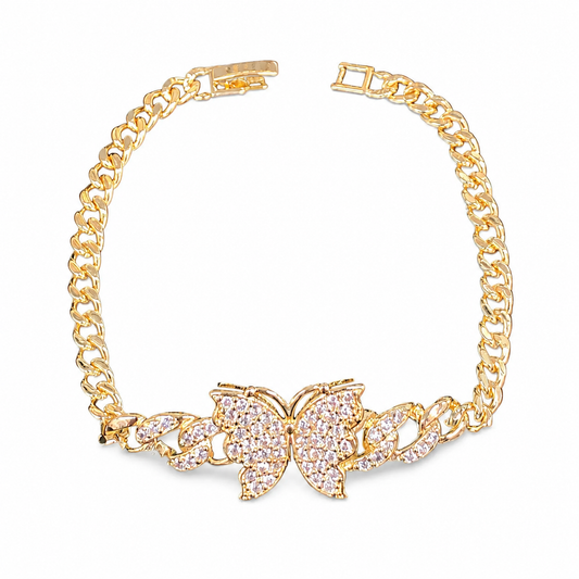Gold Butterfly Zircon Cuban Link Bracelet
