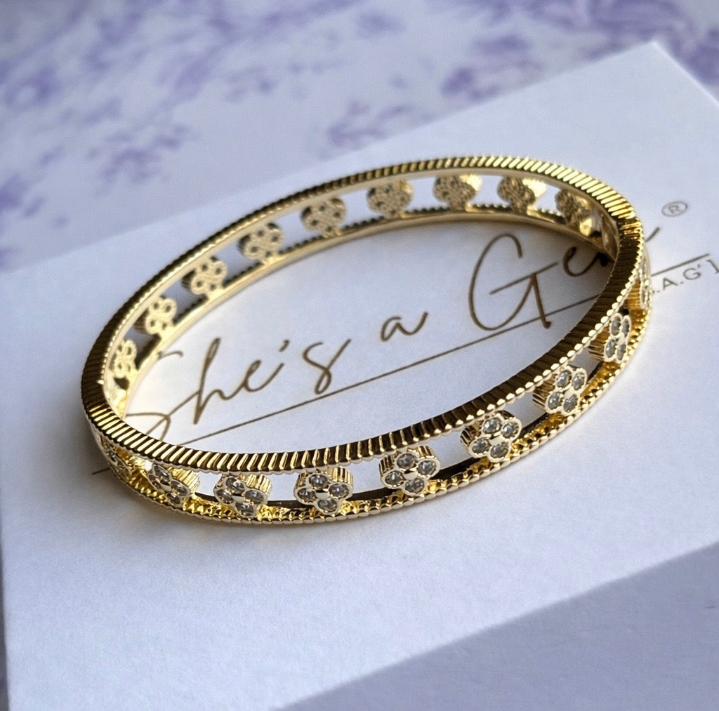 Gold Floral Blossom Zirconia Bangle Bracelet