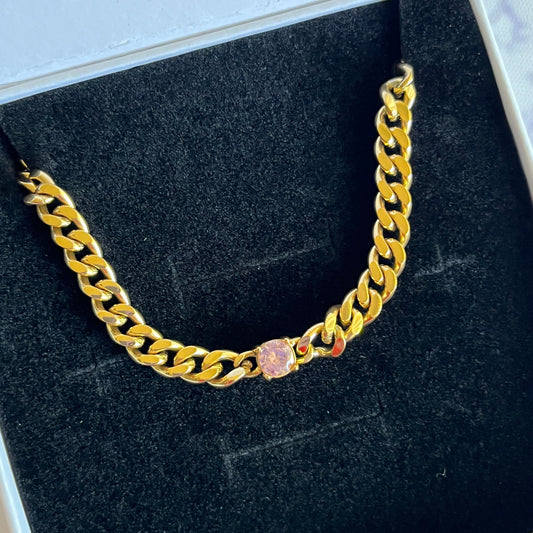 Pink Gem Cuban Link Necklace & Bracelet Set