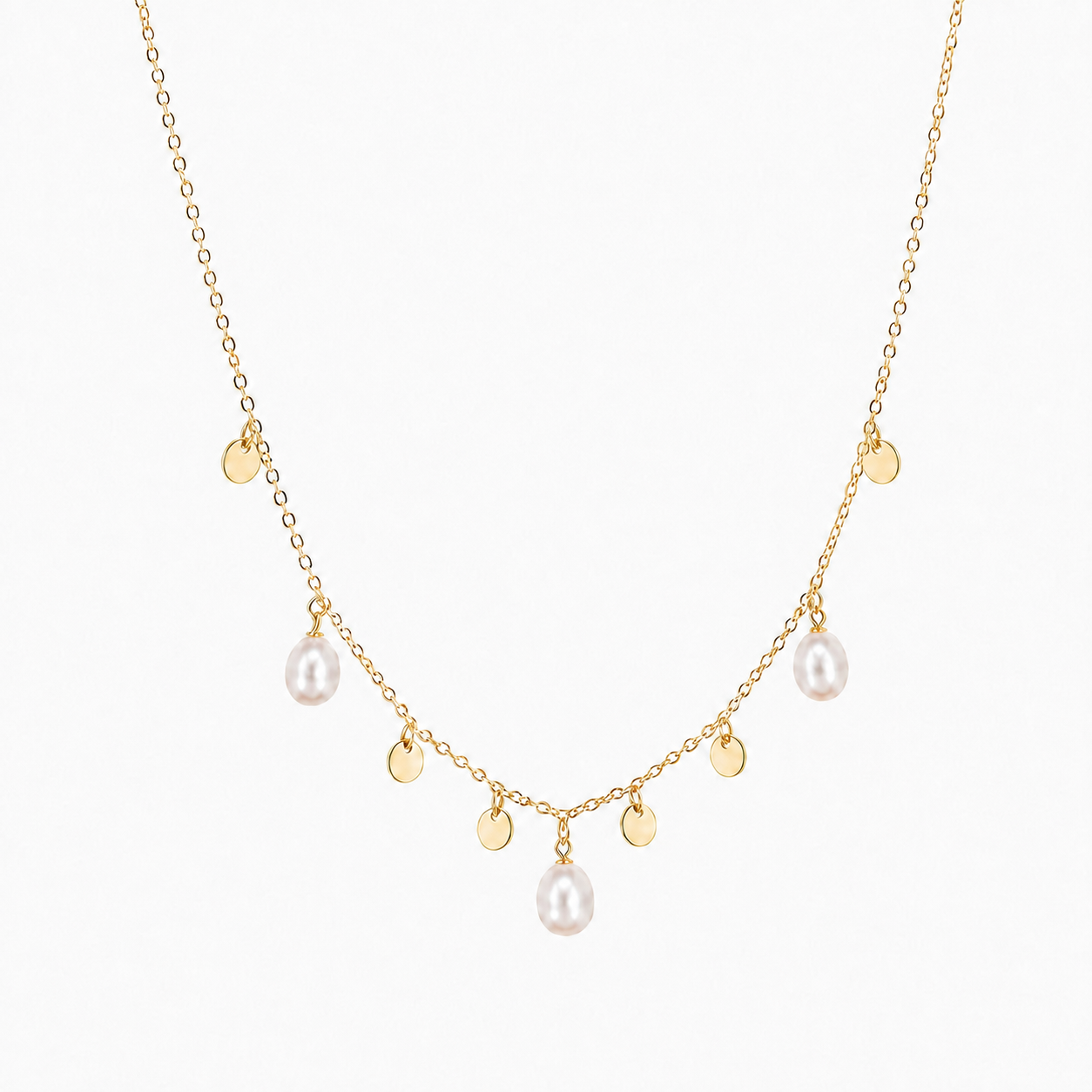 Gold Freshwater Pearl and Disc Charm Necklace