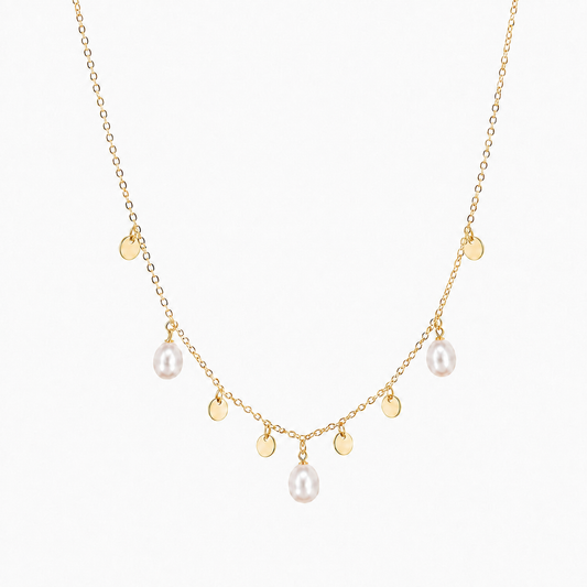 Gold Freshwater Pearl and Disc Charm Necklace
