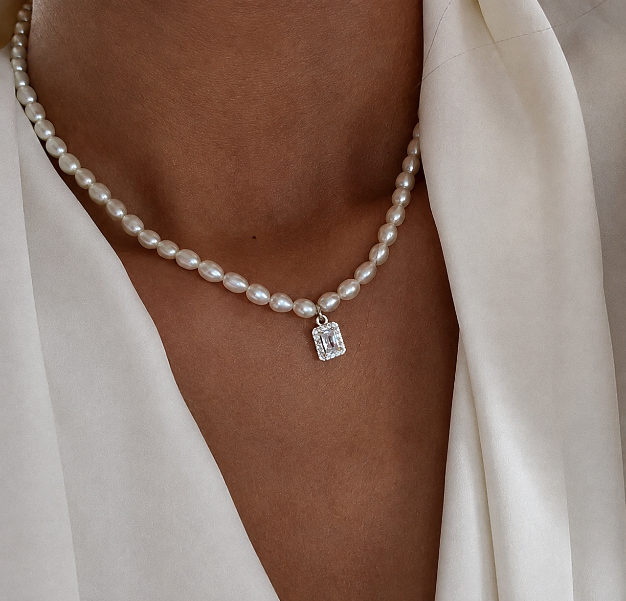 Freshwater Pearl Necklace with Emerald-Cut Zircon Pendant