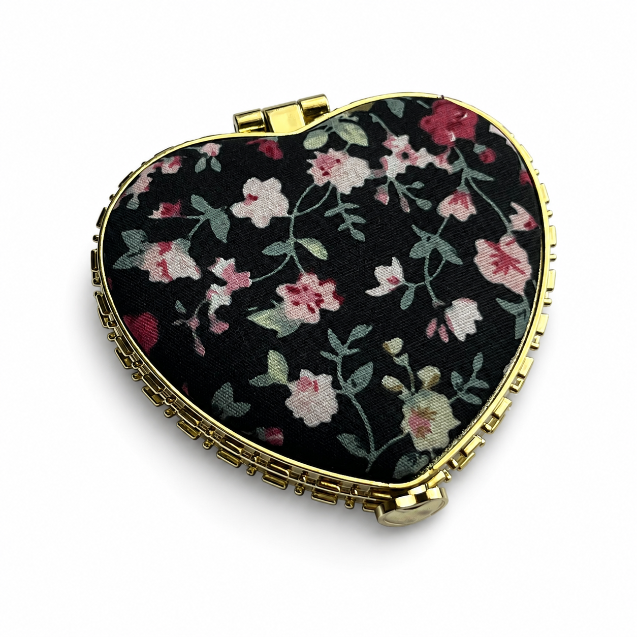 Black Heart Shaped Floral Print Compact Mirror