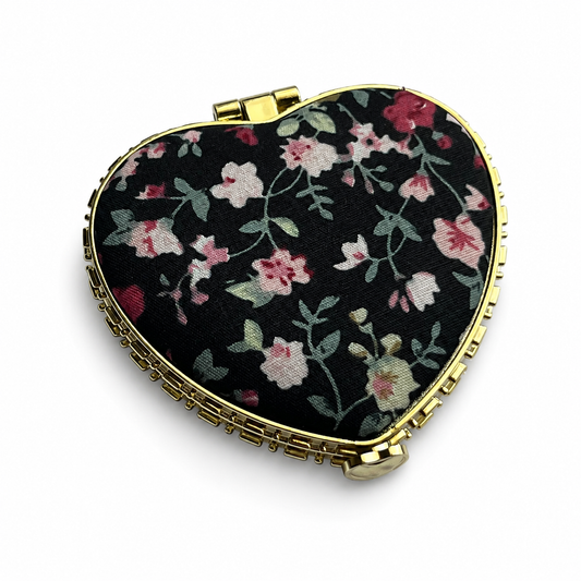 Black Heart Shaped Floral Print Compact Mirror