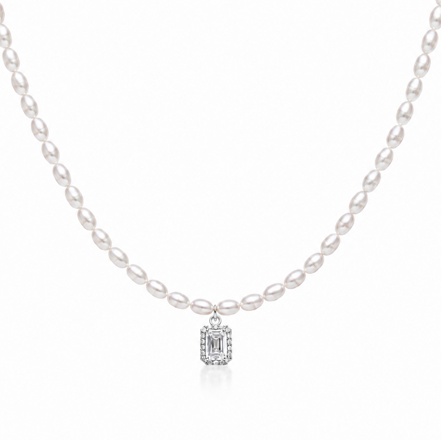 Freshwater Pearl Necklace with Emerald-Cut Zircon Pendant