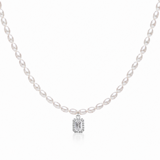 Freshwater Pearl Necklace with Emerald-Cut Zircon Pendant