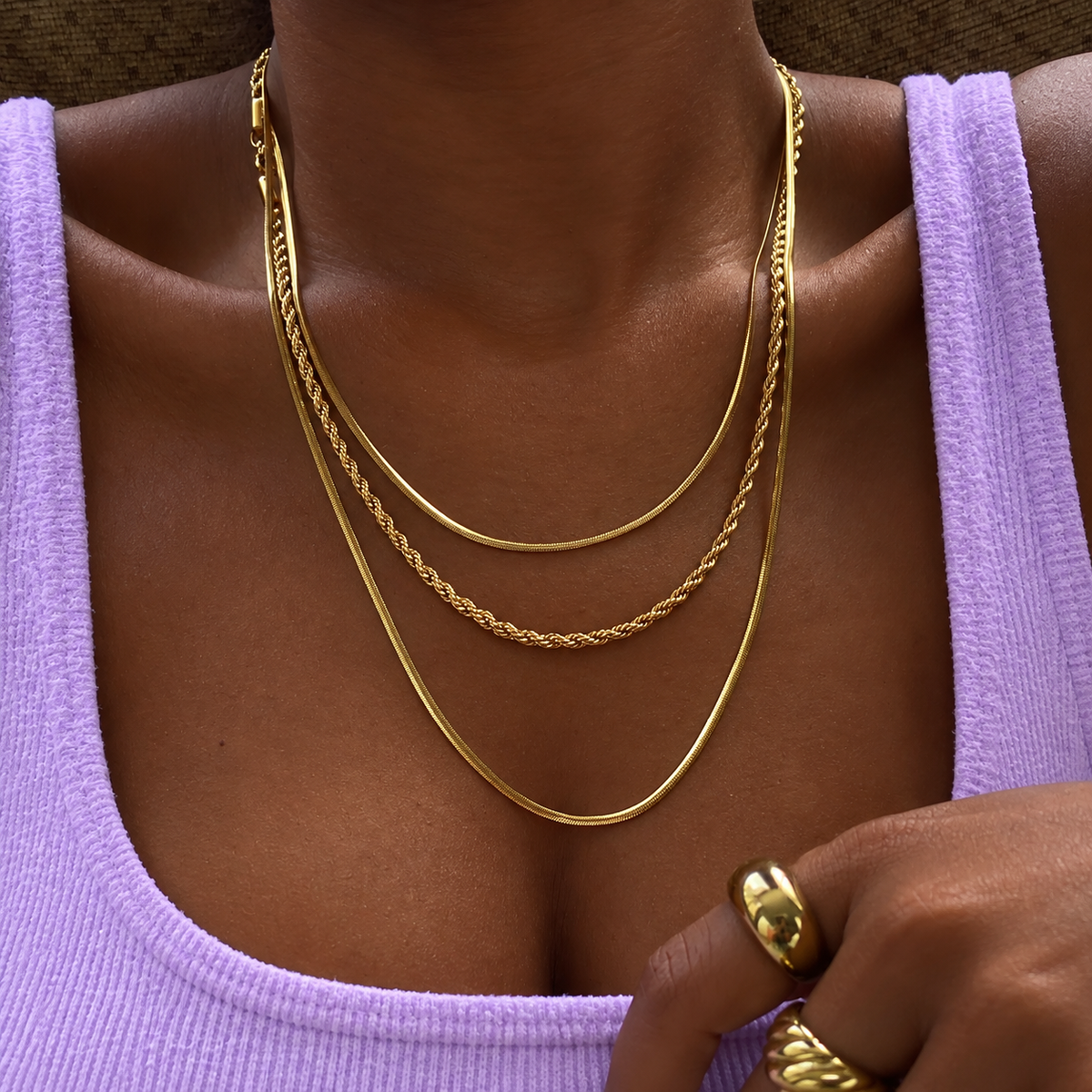 Gold Triple Layer Snake Bone & Twist Rope Chain Necklace Set